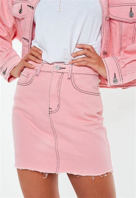 pink denim raw hem contrast stitch co ord mini skirt