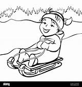 Sled Sledding Kids Cartoon Drawing Coloring Girl Outline Child Snow Winter Hill Character Rides Joyful Alamy Hand Happy Fun Cute sketch template