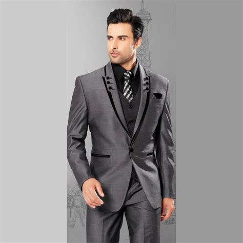 mannen pakken slim fit piekte revers tuxedos grijs wedding suits met zwarte revers voor