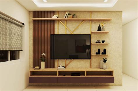 classic tv unit design  wooden rafters livspace