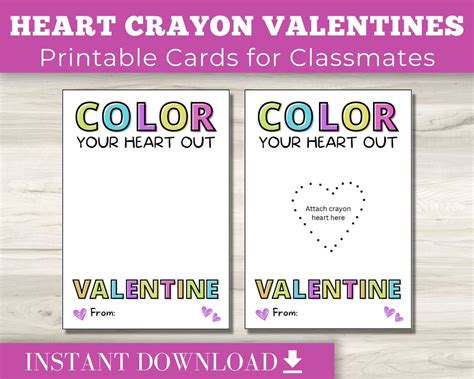 color  heart  printable valentines day crayon card etsy