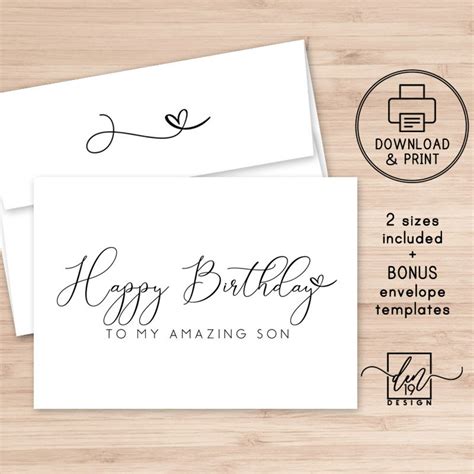 son birthday printable card  envelope happy birthday  etsy