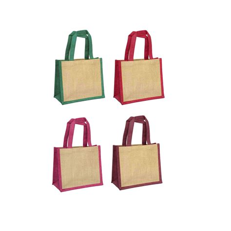 small jute lunch bag red pink green maroon handle  sides