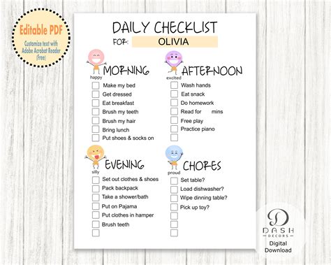paper paper party supplies morning chore chart  children editable