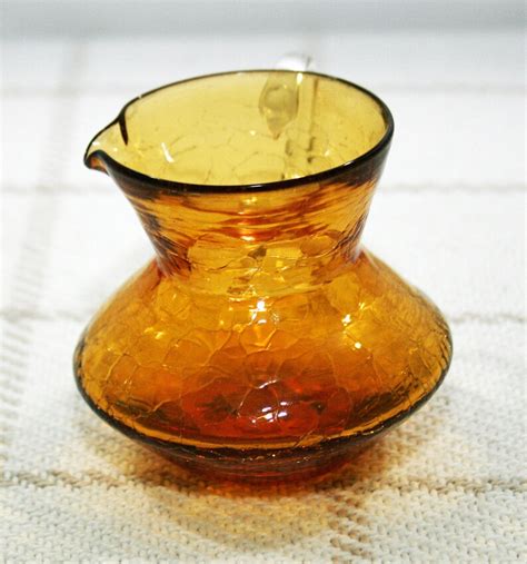 Vintage Amber Crackle Glass Pitcher With Clear Handle Hand Blown