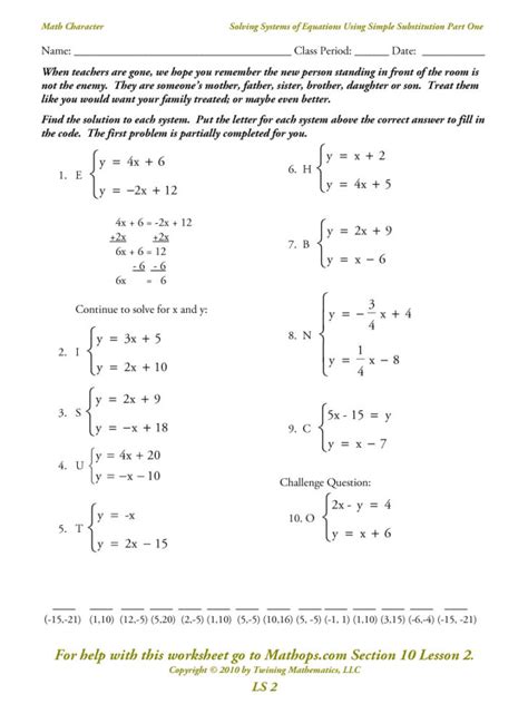 worksheet  systems  equations substitution  elimination answers