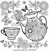 Coloring Pages Shutterstock Tea Flowers Teapot Vector Flower Preview sketch template