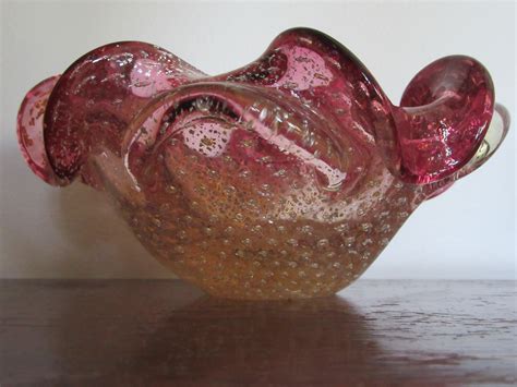 Pink Murano Art Glass Bowl Control Bubble Gold Foil Italy 1960s