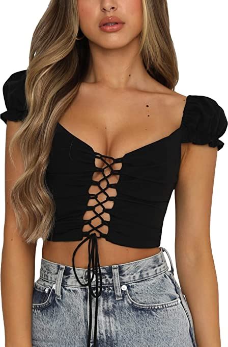 Huyghdfb Women S V Neck Crop Top Solid Color Lace Up T Shirt Blouse