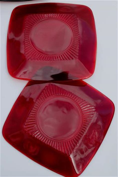 Royal Ruby Red Glass Vintage Anchor Hocking Charm Square Glass Plates