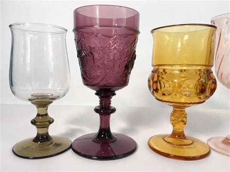 2nd Time Around Vintage Set 6 Multi Colored Goblets Water Glasses