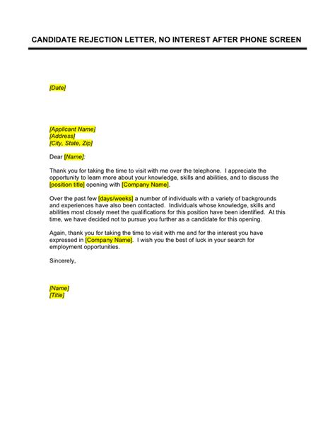 candidate rejection letter  word   formats