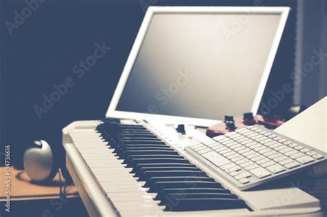 computer concept piano computer  sound studio   production stock photo