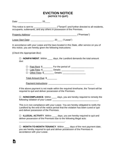 eviction notice template notice  quit  word eforms