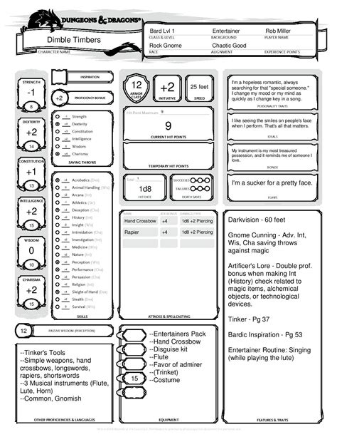 Rock Gnome Bard 1 3 Dandd5e Completed Character Sheet Created By Rob