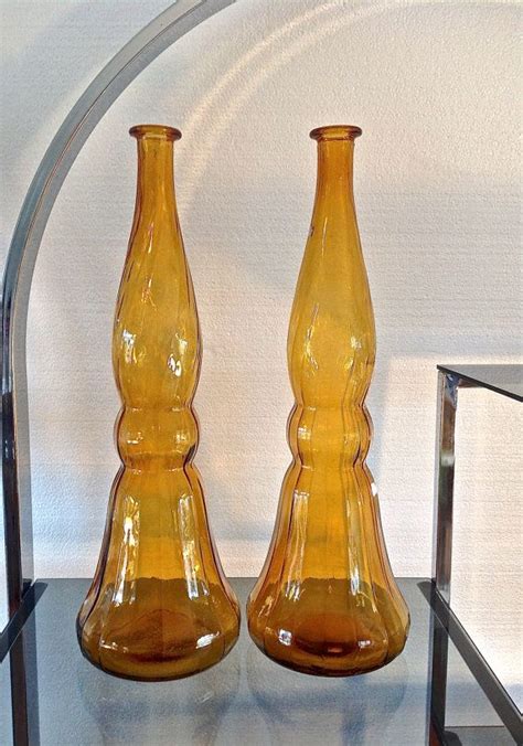 Rossini Empoli Pair Of Amber Glass Decanters Mid Century Vases Amber