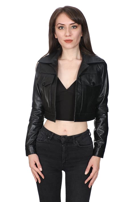 womens  real black leather cropped length jacket