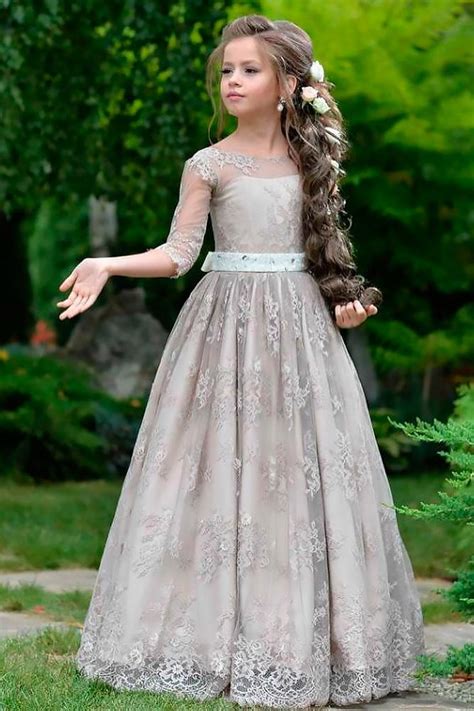 Lace Flower Girl Dresses Illusion Sleeves Long A Line