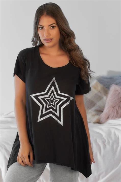 black foil star print pyjama top with hanky hem plus size 16 to 36