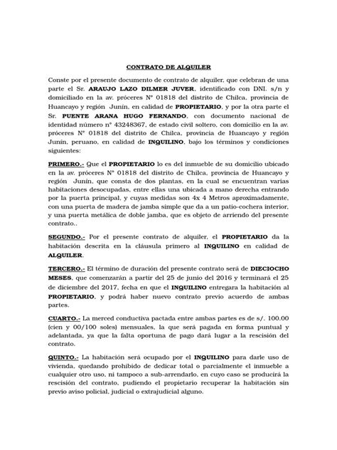 Contrato De Alquiler De Habitacion Cuarto Docx Agitación