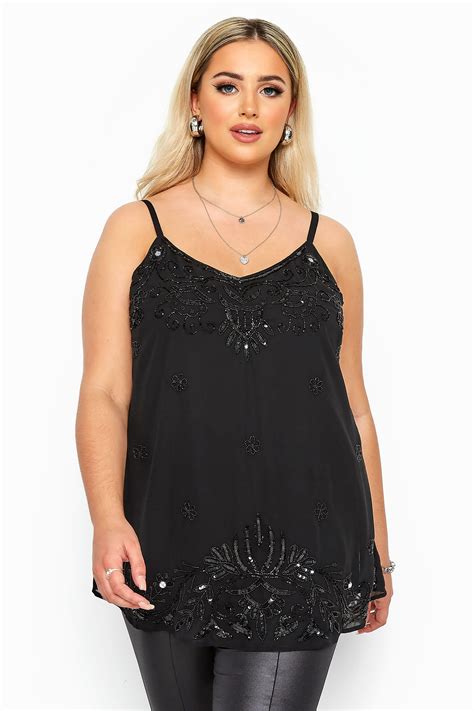luxe black floral embellished chiffon cami top yours