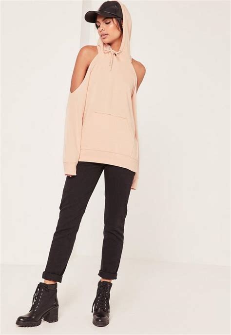nude cold shoulder hoodie missguided