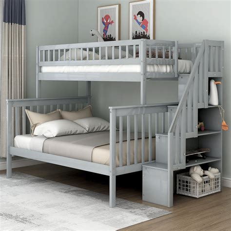 harperbright designs twin  full wood bunk bed  stairs  kids multiple colors