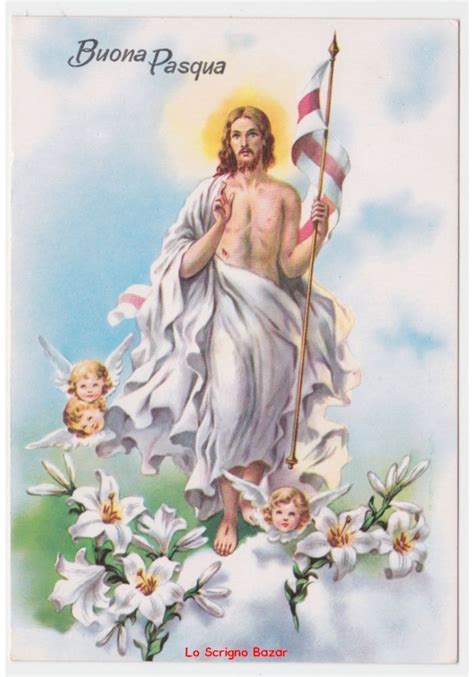 cartolina lucida fg religiosa vintage buona pasqua gesu benedizione angeli gigli  sale eur