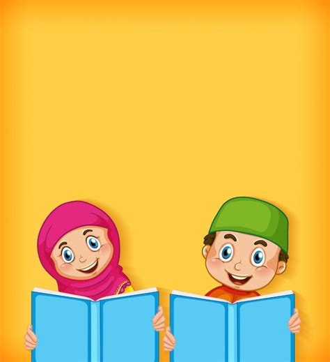background template design  happy muslim boy  girl reading lihat