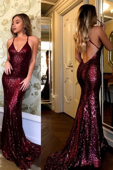 burgundy sequins mermaid v neck sweep train party dress prom gown