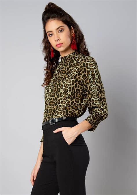 buy women leopard print smocked neck top trends online india faballey