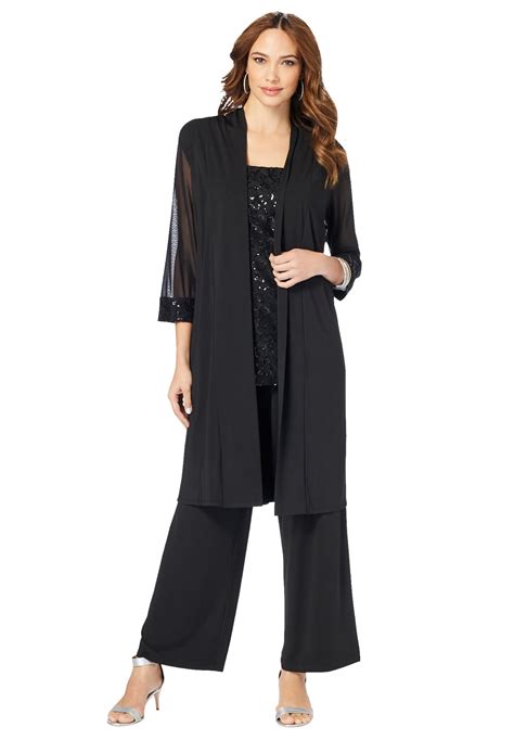 roaman s women s plus size three piece lace and sequin duster pant set