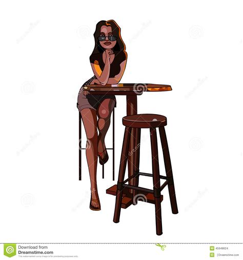 Cartoon Girl With Glasses Sitting On A Bar Stool At The Table Stock