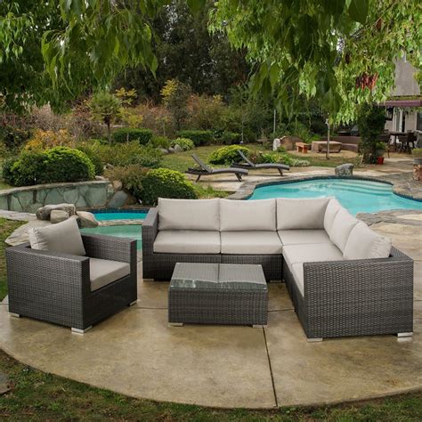 francisco outdoor  piece grey wicker seating sectional set  sunbrella cushions  patio