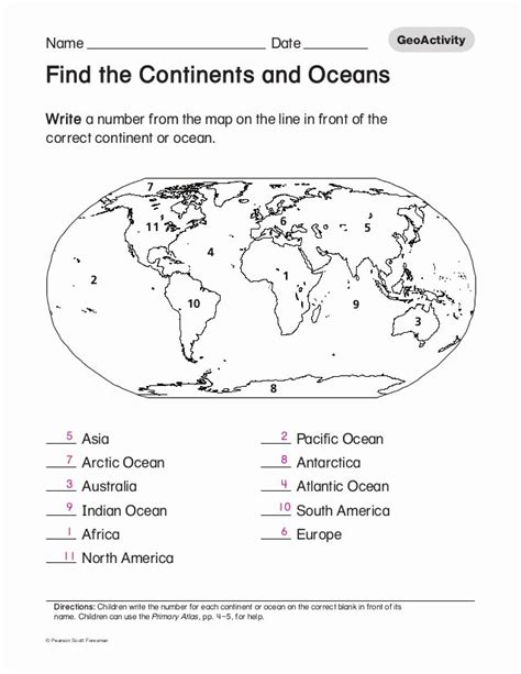 oceans  continents worksheet