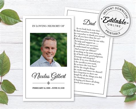 editable funeral prayer card template printable memorial etsy prayer