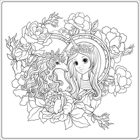 Cute Girl And Unicorn In Roses Garden Outline Drawing