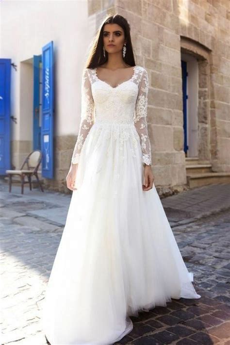 A Line Lace Long Sleeves Wedding Dress 2019 Spring Style