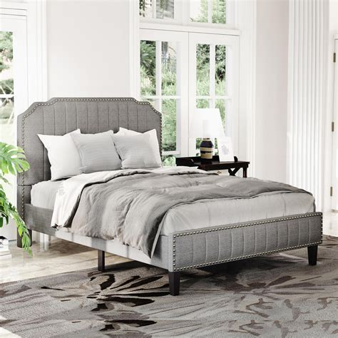 full size upholstered platform bed frame  headboard modern linen curved wood bed