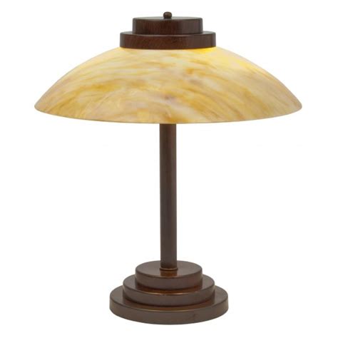 art deco table lamp with amber marbled glass shade on antique base