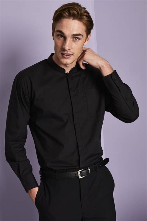 mens long sleeve mandarin collar shirt black