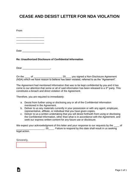 free violation of non disclosure agreement nda cease and desist