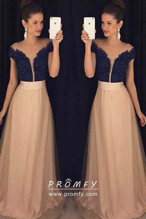 beaded navy lace nude tulle satin long formal dress promfy