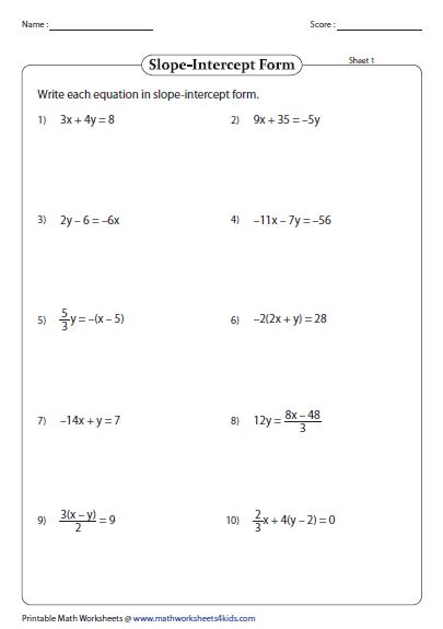 practice writing equations  slope intercept form answers