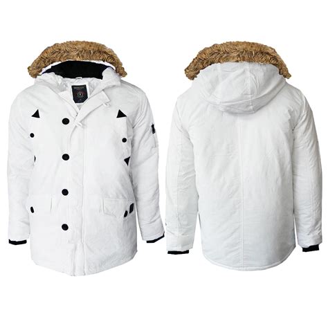 brave soul mens white parka jacket hooded zip faux fur padded winter parker coat ebay