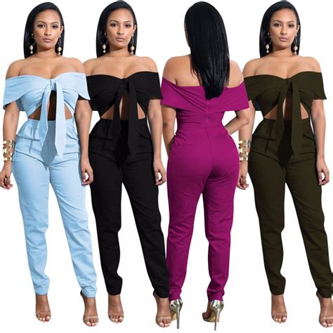 hot popular two piece sexy jumpsuit women bow long pants summer hollow