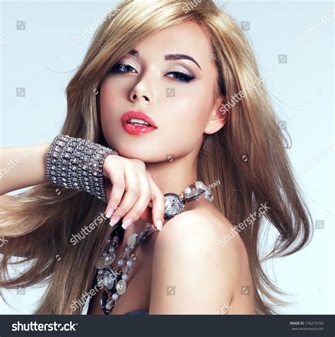 Portrait Of A Beautiful Fashion Woman With Bright Makeup Pretty Sexy