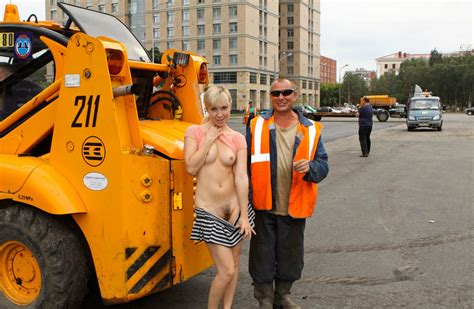 shameless blonde gives touch her tits to worker at public square chipbang