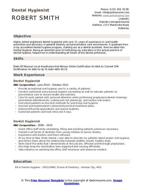 dental hygienist resume samples qwikresume