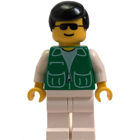 lego man  green vest  zipper  pockets white shirt white legs sunglasses  black